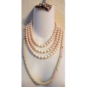 Vtg Pink White Iridescent Bead Pearl Rose Quartz Necklace Park Lane Bracelet Lot